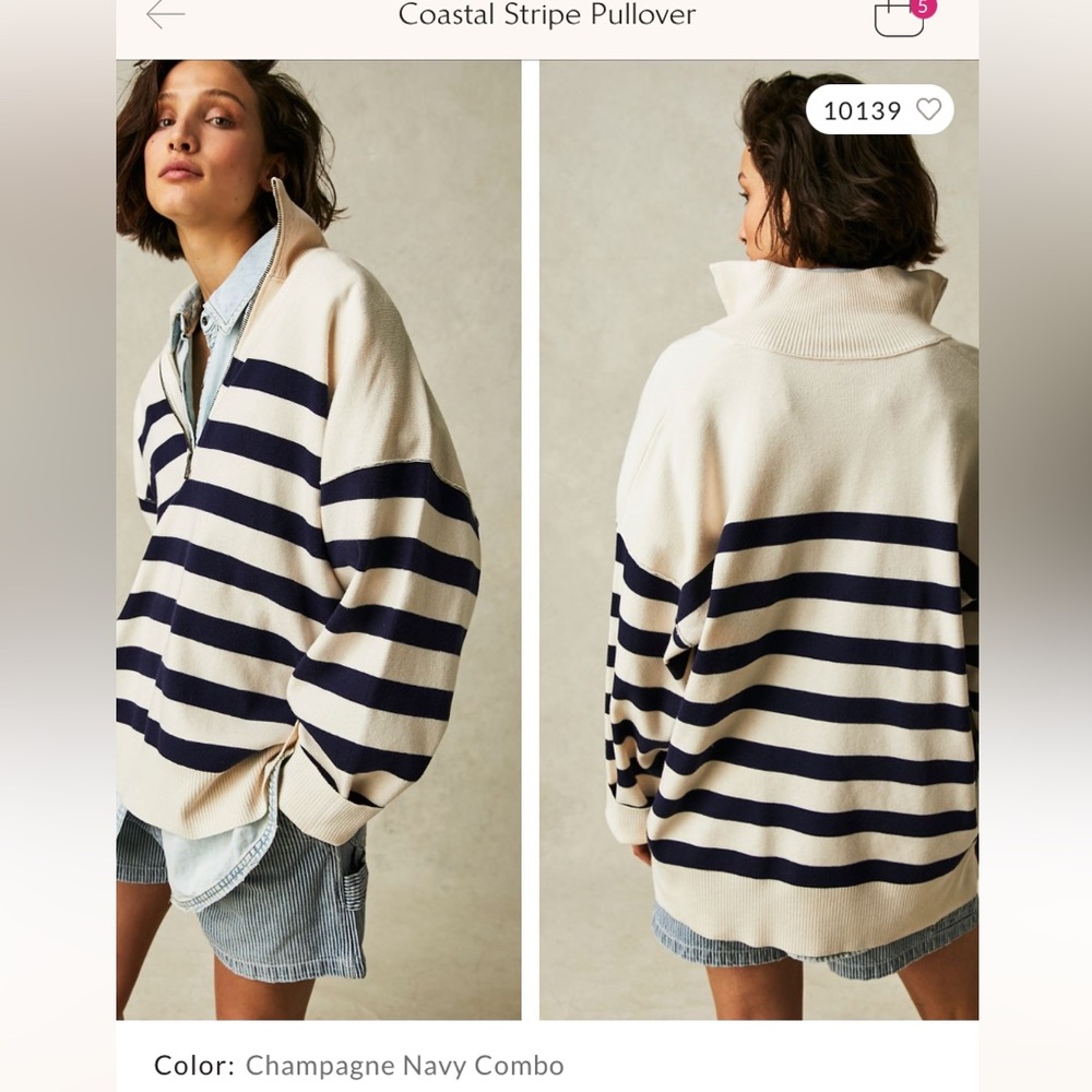 Free people Coastal Pullover, navy and white striped. Small